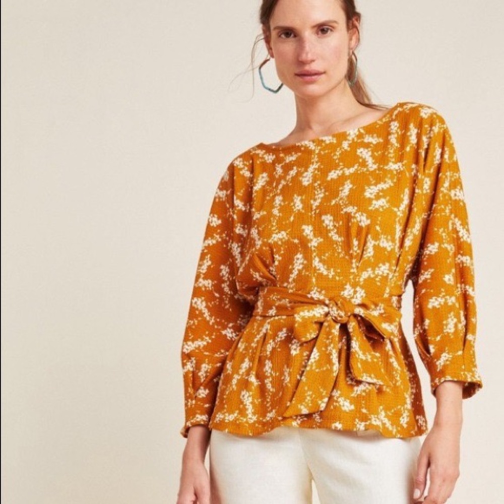 Anthropologie Amber Dolman mustard yellow floral tie waist 3/4 sleeve top XS
